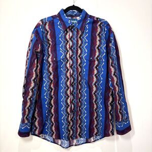 Vintage Wrangler Western Shirt Men L Blue Aztec Pearl Snap Cowboy Rodeo 90s